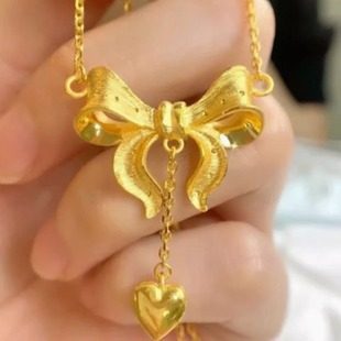 New Vietnamese Sand Gold Retro Necklace Fashion Niche Fugitive Princess Bow Tassel Heart Gold-Plated Clavicle Chain