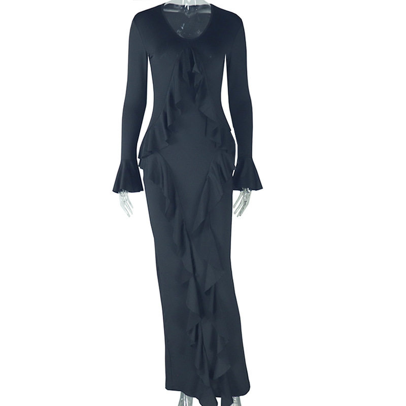 Elegant Solid Color Midi Dress Long Sleeve U Neck Comfortable Fit Perfect for Casual or Formal Occasions Wholesale