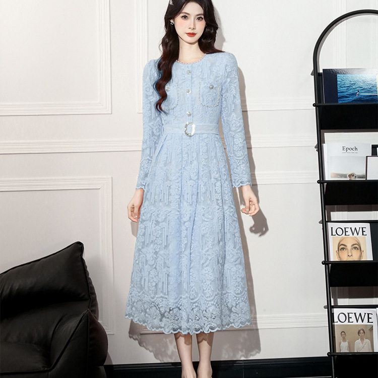 Lace Long Sleeve Dress Pearl Embellished French Chic Elegant Style Perfect for Parties and Special Occasions