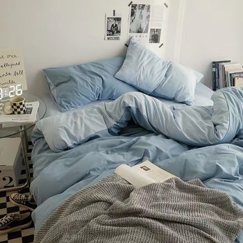 Japanese Style Kit Non-printed Style Four-piece Set Double-piece Quilt Cover Student Dormitory Solid Color Bed Sheet Quilt Cover Bed Cover Three-piece Set