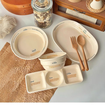 Korean Weekend Series Cream Tableware Ceramic Hand Cup Three-Compartment Flavor Plate Rice Bowl Soup Plate Oval Plate