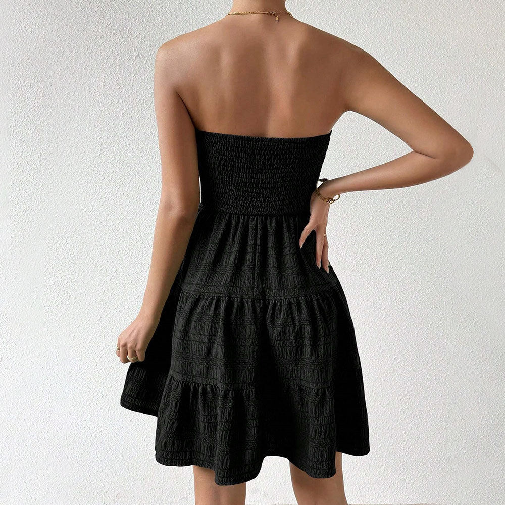 Off Shoulder Textured Midi Dress Solid Color Versatile Design Summer Style Wholesale Available