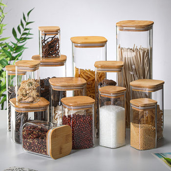 High Borosilicate Glass Storage Jar Kitchen Storage Bottle Tea Cereal Candy Bamboo Wood Lid Sealed Jar Square Storage Jar