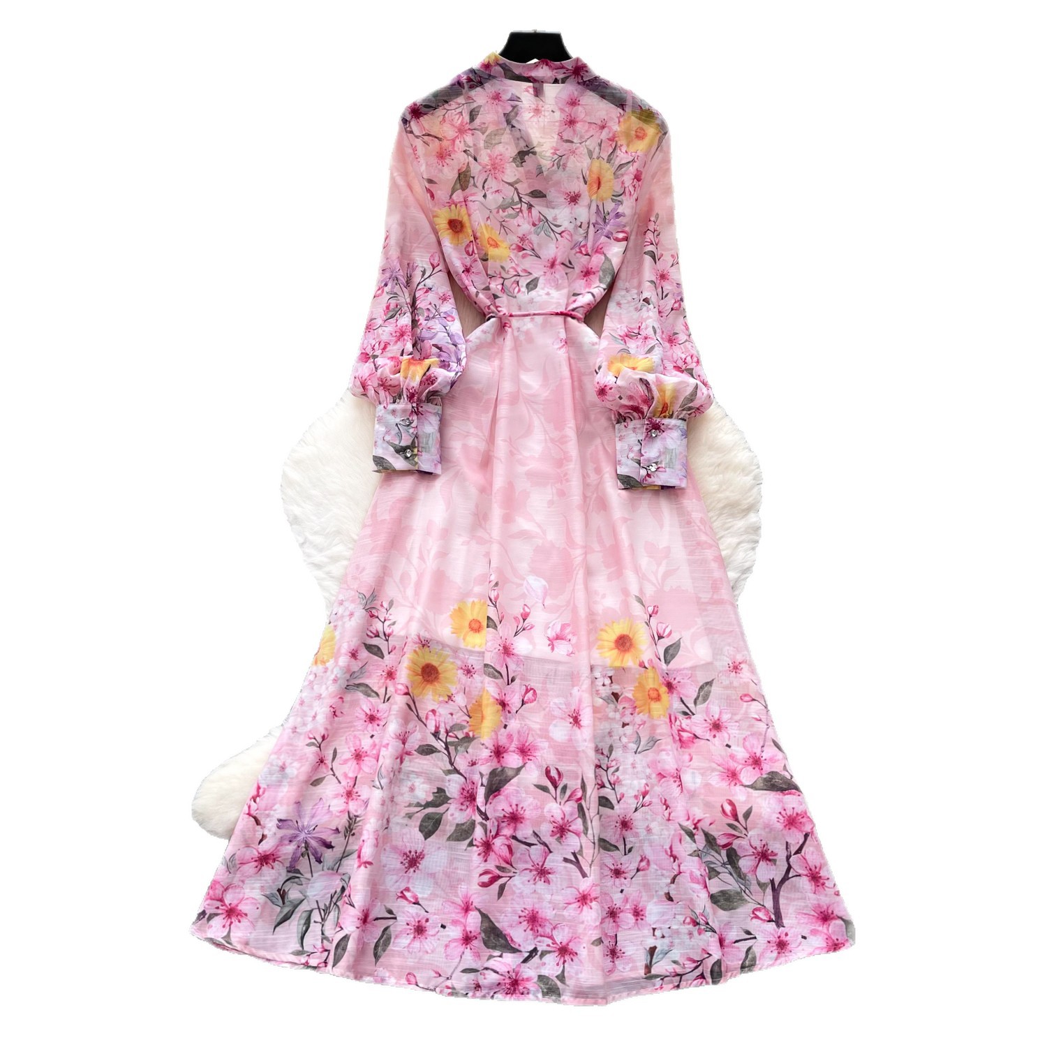 French Romantic Floral Print Long Sleeve V Neck Maxi Dress Slim Fit Waist Tie Flared Hem Perfect for Vacations