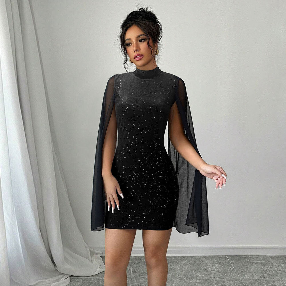 High Neck Bodycon Dress Black Short Sleeve Sequin and Mesh Paneling Evening Wear or Party Dress OEM Available