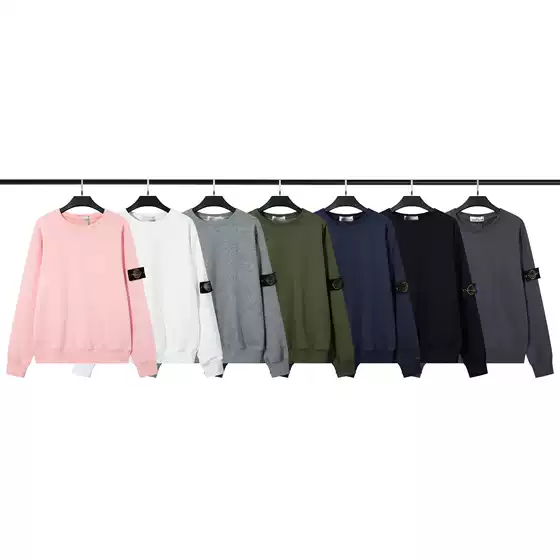 Cross-border classic STONE stone fleece-lined solid color crew neck badge long sleeve sweater men's and women's island couples correct version