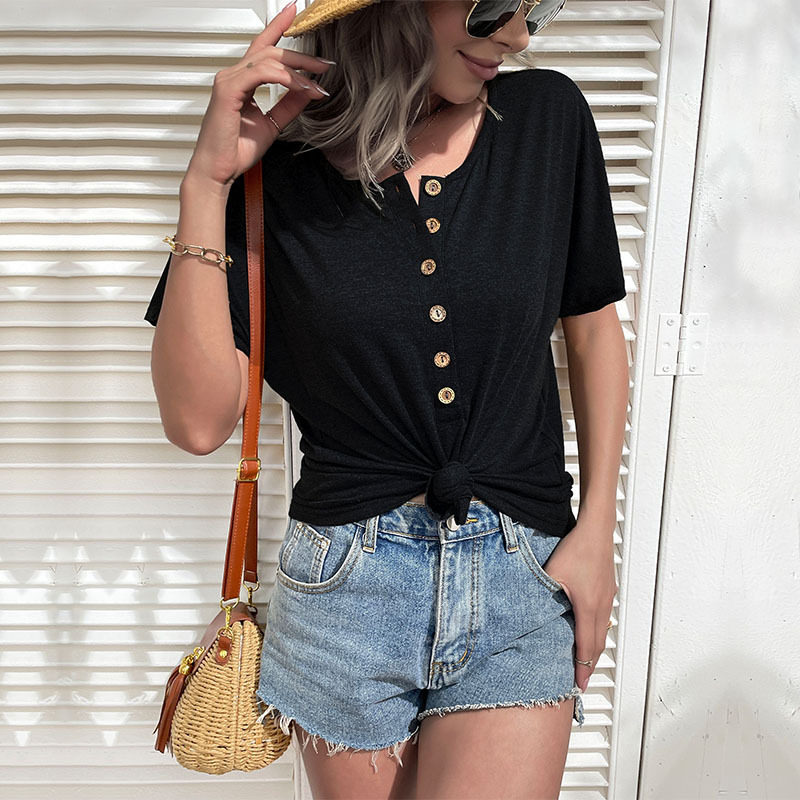 Casual Womens Short Sleeve Top Solid Color European Style Lightweight Fabric Summer Wear Wholesale Available
