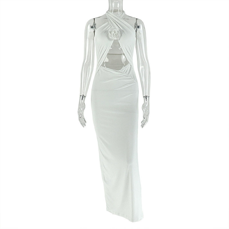 Hollow Out Backless Bodycon Dress Sleeveless Halter Neck Solid Color Elegant Design Perfect for Parties and Events