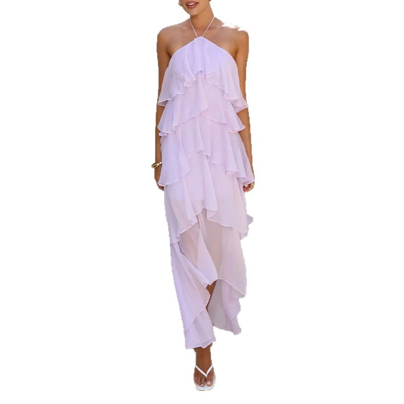 Elegant Summer Maxi Dress for Women Halter Neck Ruffle Hem Solid Color Vacation Style Wholesale Available