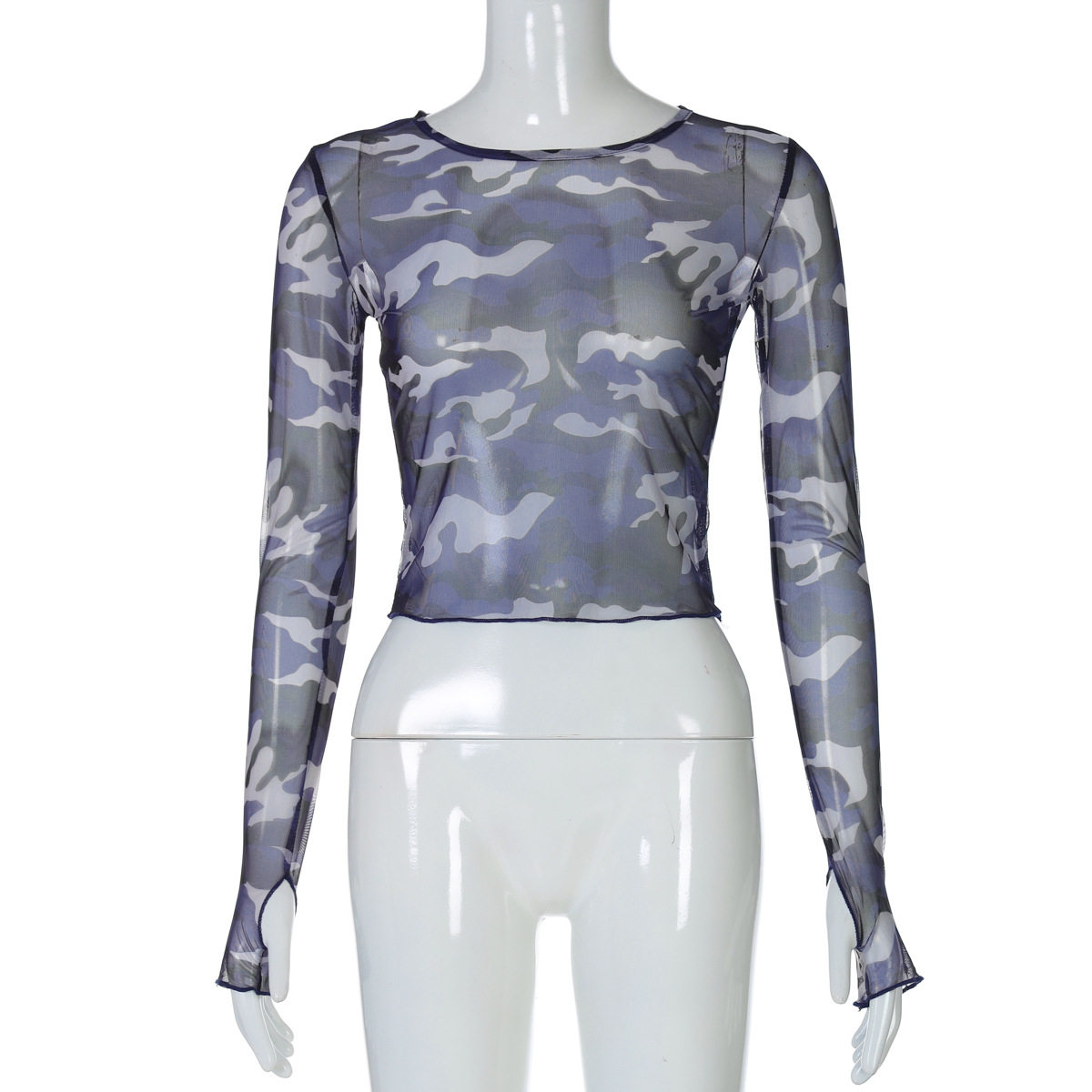 欧美热销网纱上衣女2025夏季女装新款亚马逊迷彩长袖t恤厂家批发