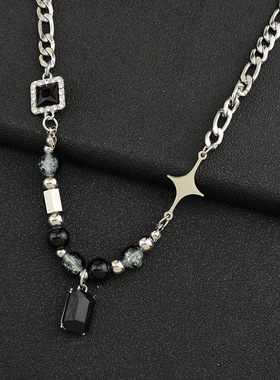 简约创意小众轻奢黑石几何项链女同款复古个性时尚星芒锁骨链