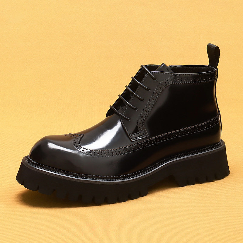 Giày Martin Nam Cao Cổ Phong Cách Anh Quốc Da Bóng Điêu Khắc Brogue Chiều Cao Đế Khoảng 5cm Màu Nâu Đậm, Đen