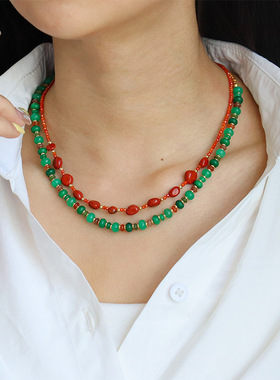 国风新中式复古轻奢天然石双层叠戴项链女百搭简约个性小众锁骨链