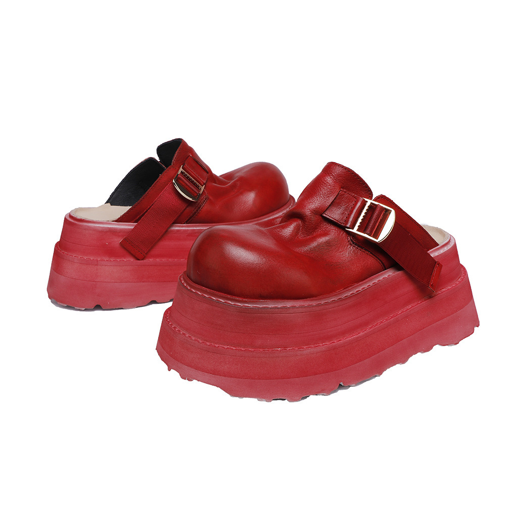 Dép sandal nữ bít mũi da bò đế dày êm chân — Màu đen, Màu đỏ, Màu kaki