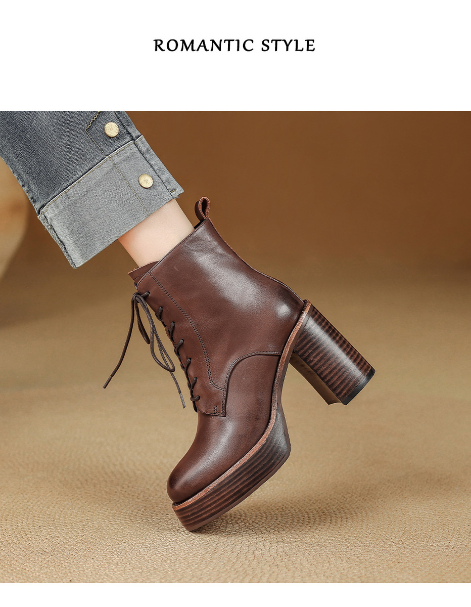 Boot Martin nữ đế dày gót thô buộc dây tăng chiều cao mũi tròn da bò thật — Lớp lót đơn màu nâu, Lớp lót nhung màu nâu, Màu đen một lớp, nhung đen