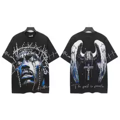2025 Summer New American Trendy Brand Hellstar Short-Sleeved Washed Distressed Retro Printed T-Shirt Cross-Border Wholesale