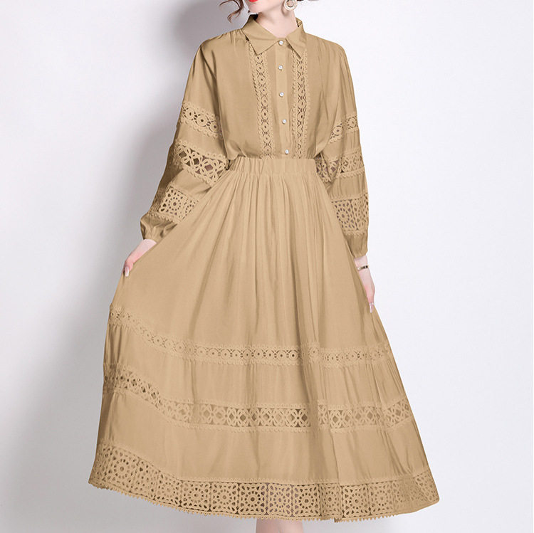 Vintage French Style Womens Lace Panel Button Up Shirt and High Waisted Skirt Set Loose Fit Pearl Accents Versatile
