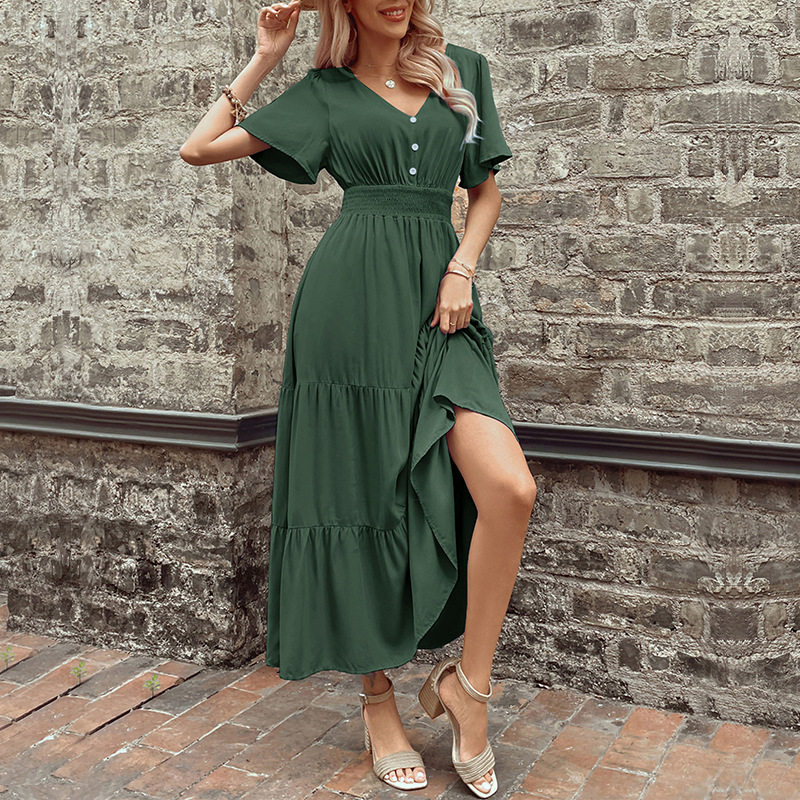 Elegant Summer V Neck Ruffled Hem Dress Slim Fit Solid Color Versatile Style Perfect for Casual or Formal Occasions