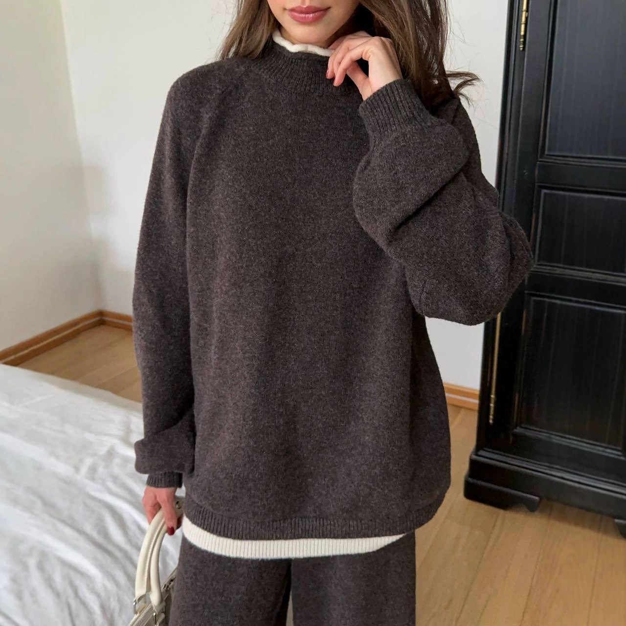 Womens Loose Fit Knit Sweater and Wide Leg Pants Set Wool Blend Casual Style Autumn Winter Collection Wholesale