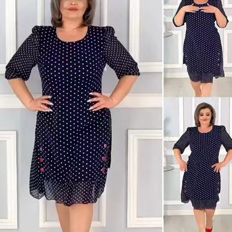 Polka Dot Midi Dress Summer Style Round Neck Short Sleeve Comfortable Fabric Perfect for Casual Outings Wholesale