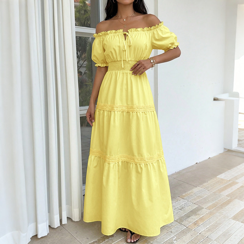 Off Shoulder Puff Sleeve Cake Dress Solid Color Fresh Vacation Style Perfect for Summer Events Wholesale Available