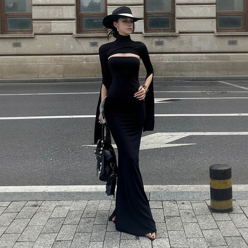 Black Fishtail Dress Slim Fit High Neck Hollow Out Side Split Elegant Evening Wear Wholesale Available