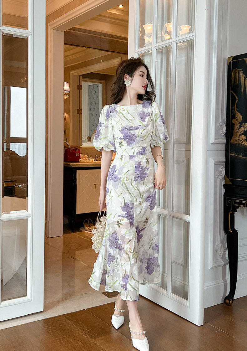 Đầm ôm body nữ cổ tròn tay bồng đuôi cá — [Tím] chi tiết 1