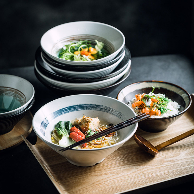 Japanese-style Ceramic Bowl Creative Ramen Bowl Household Soup Noodles Large Bucket Bowl Commercial Horn Bowl Tableware suit Wholesale