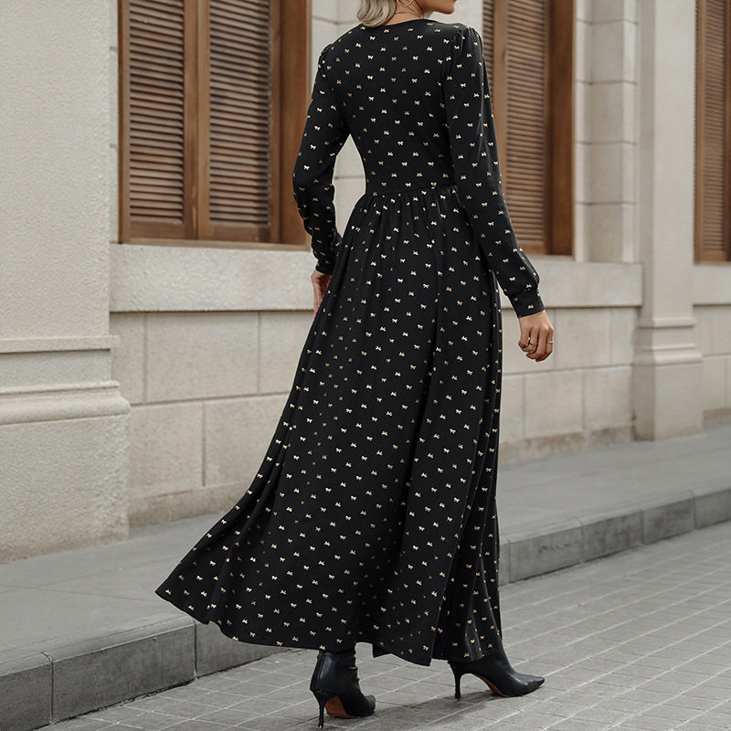 Elegant Vintage Lace V Neck Dress with Bow and Floral Print Womens Fashion Perfect for Parties and Special Occasions