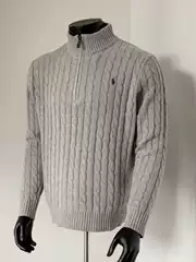 100% Cotton High-Quality L Ralph Pony Logo Embroidered Knit Sweater for Men, Autumn and Winter Stand Collar Cable Knit Half-Zip Sweater for Women, Warm