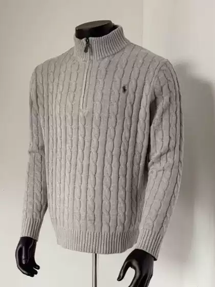100% Cotton High-Quality L Ralph Pony Logo Embroidered Knit Sweater for Men, Autumn and Winter Stand Collar Cable Knit Half-Zip Sweater for Women, Warm