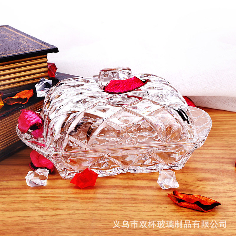 Nordic ins Embossed Glass Butter Plate Rectangular Butter Box Dustproof Cheese Dessert Tray with Lid Cake Plate