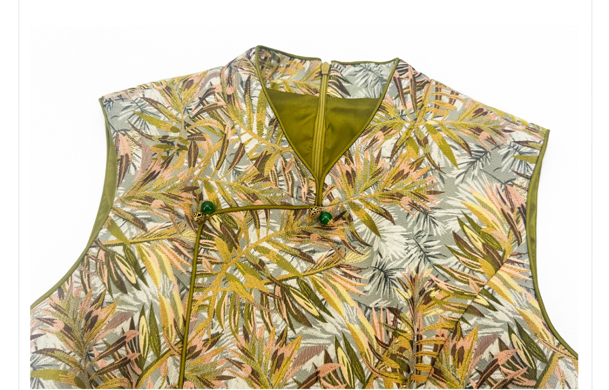 Bộ áo gile dệt jacquard cổ cao không tay kèm chân váy dài chữ A họa tiết hoa — Chân váy vàng hổ phách (giao hàng trong 7 ngày), Chân váy xanh lá trúc (giao hàng trong 7 ngày), Áo gile dệt jacquard (giao hàng trong 7 ngày), Áo gile dệt jacquard (giao hàng trong ngày)