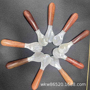 Shell Wooden Handle Spoon 10cm Manufacturer Solid Wood Handle Seasoning Spoon Handmade Craft Facial Mask Spoon Wholesale