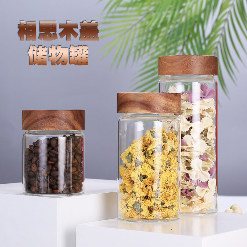 Spiral grain High Borosilicate glass storage jar Acacia wooden lid glass sealed jar tea jar kitchen storage bottle