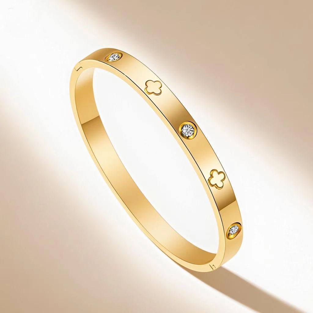 玫瑰金跨境钛钢女款手镯不锈钢轻奢高级感小众时尚锆石手环手镯