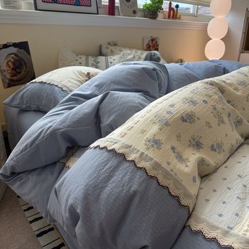 All-Cotton Lace Four-Piece Set Korean Princess Style Duvet Cover Ins French Pure Cotton Bed Sheet Three-Piece Set for Sleeping Naked Bedding