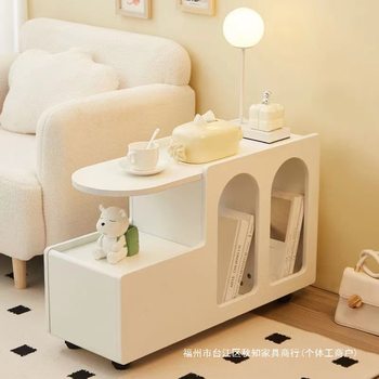 Creative Small Apartment Side Mobile Cabinet, Trendy Cream-Colored Side Cart, Simple Coffee Table for Home Use in the Living Room Next to the Sofa
