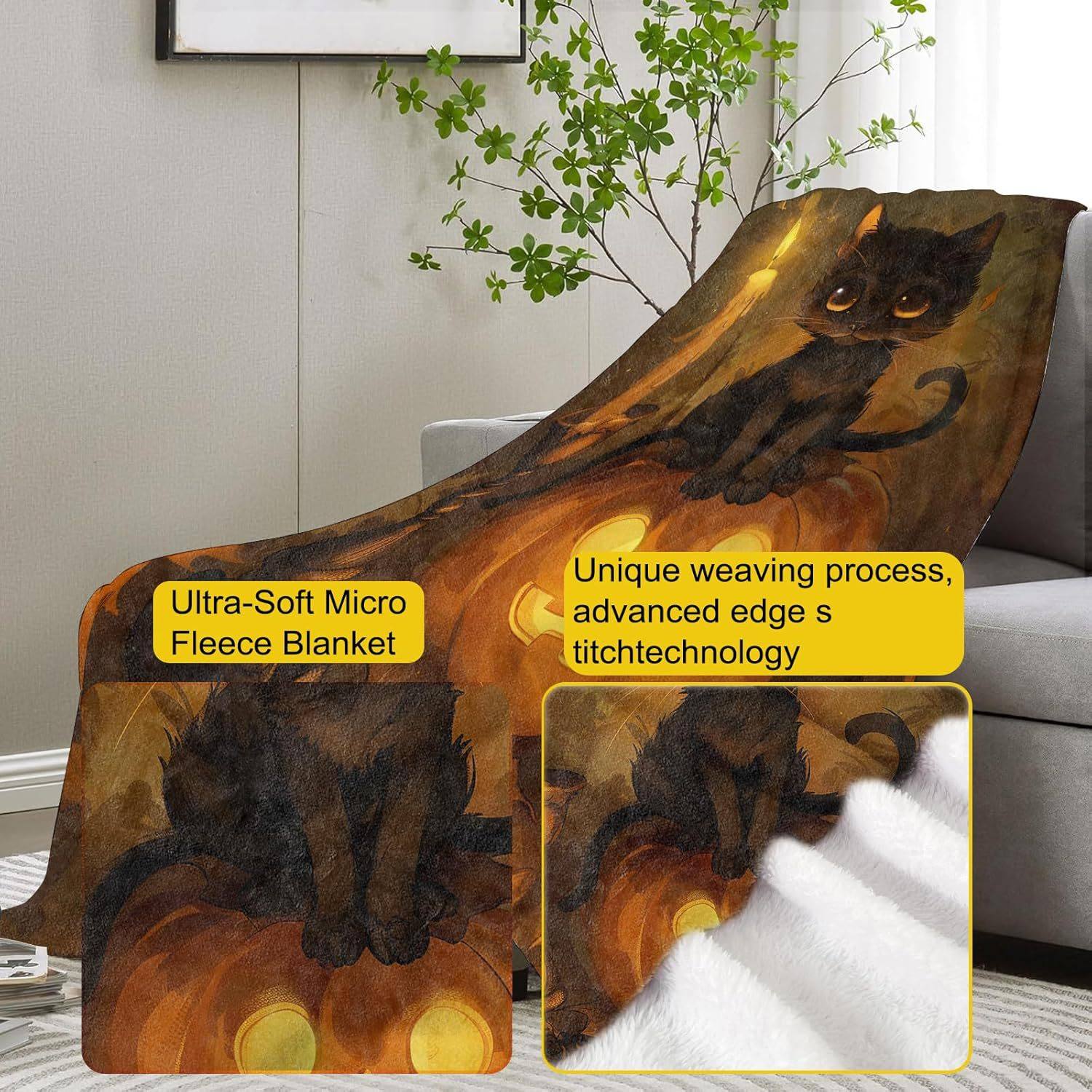 Vanzev Halloween Black Cat Cover Blanket, Cozy Wool Blanket with Cute Cat and Pumpkin Print, Soft