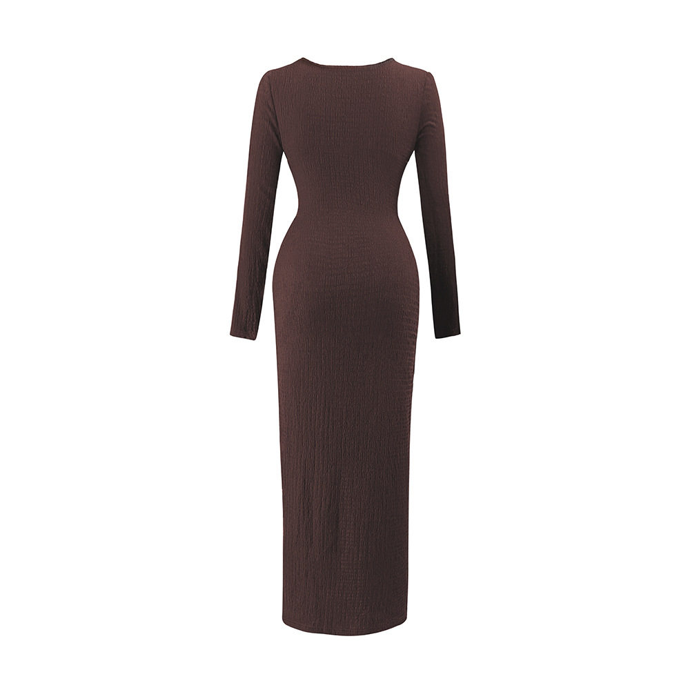 Slim Fit Knitted Dress for Women Deep Brown Color Asymmetrical Neckline Metal Ring Detail Side Slit Long Sleeve