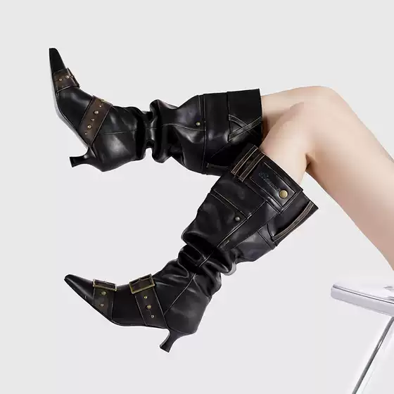 Factory Custom-Made Pointed Toe Metal Buckle Large Tube Pile Boots Retro Small High-Heeled Fashion Boots Sexy Long Boots for Women