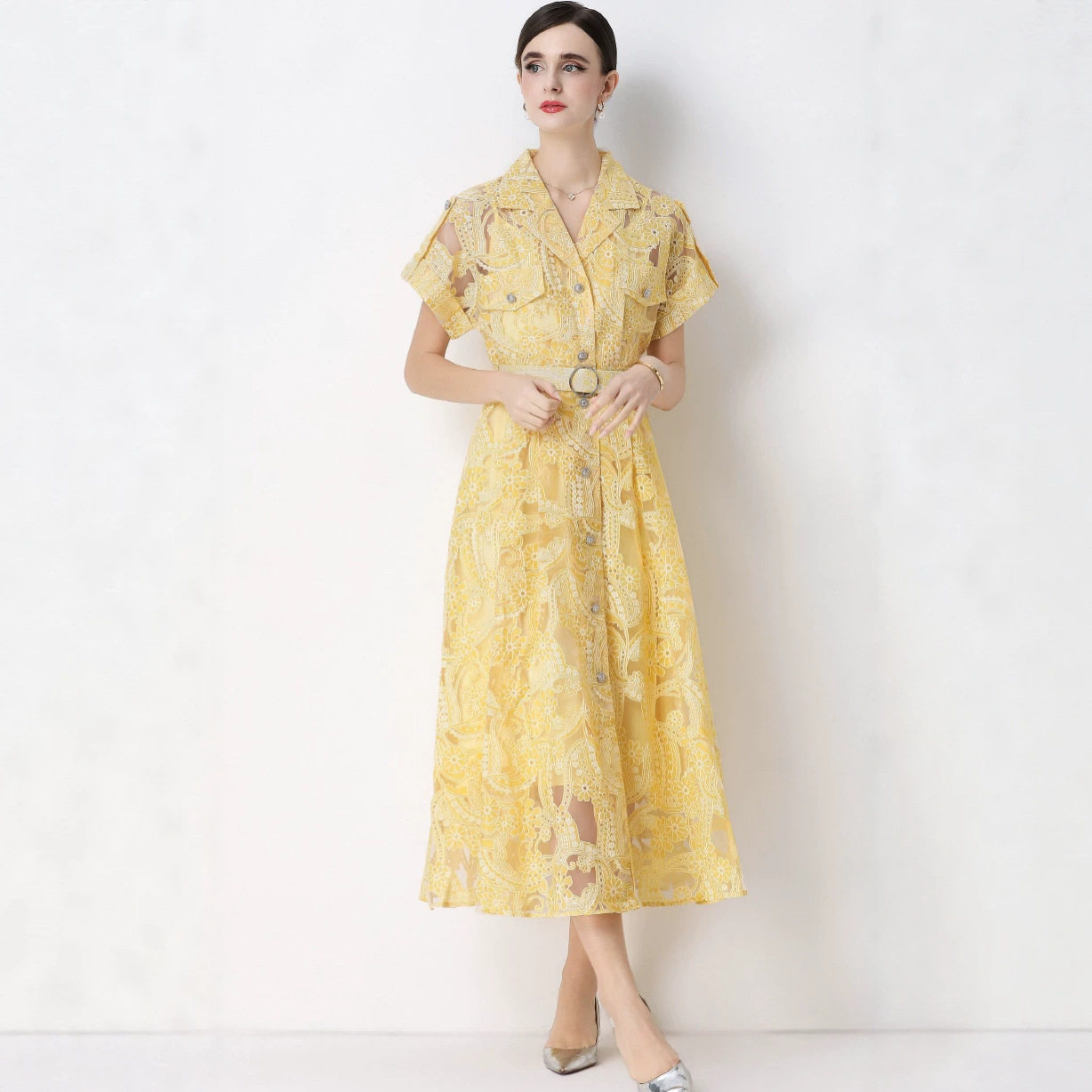 French Style Long Sleeve Dress Lapel Collar Waist Cinching Flared Hem Lace Detailing Spring and Autumn Occasion