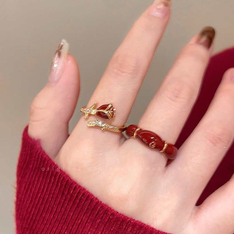 Burgundy rose zircon ring for girls 2024 new Internet celebr...