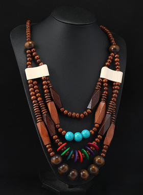 复古夸张木质项链美拉德度假民族风女波西米亚长款小众毛衣链耳环