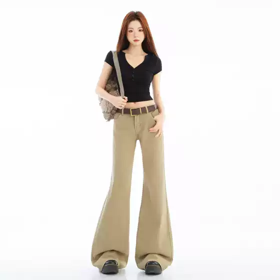 Retro Low-Rise Flared Jeans for Women – Khaki, Slim-Fit, Tapered Leg, Flattering Full-Length Pants – American Vintage Style (Style 5579)