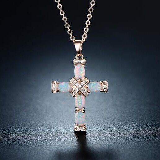 New Design White Imitation Opal Cross Pendant Necklace for Women Silver Jewelry