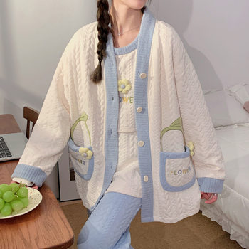 Old Store Autumn and Winter Air Cotton Sandwich Confinement Clothes Three-Piece Set Maternity Nursing Pajamas Nursing Clothes Two-Piece Set Trendy