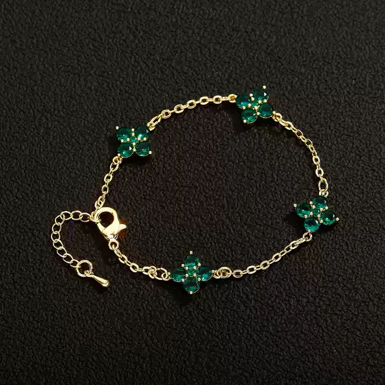 Xiaohongshu's New Flower Four-Leaf Clover Bracelet for Women Inlaid with Green Zircon Clover Hand Jewelry Summer Anklet
