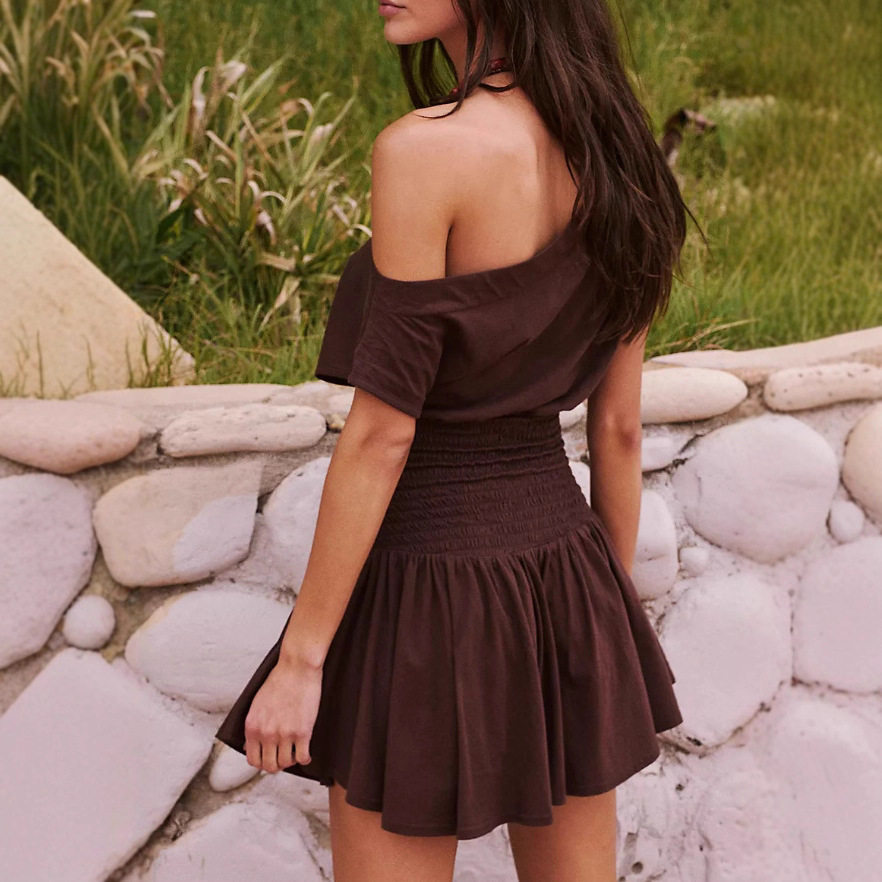 Elegant Solid Color Asymmetrical Shoulder Dress Elastic Waist Short Skirt Autumn Style Wholesale Available
