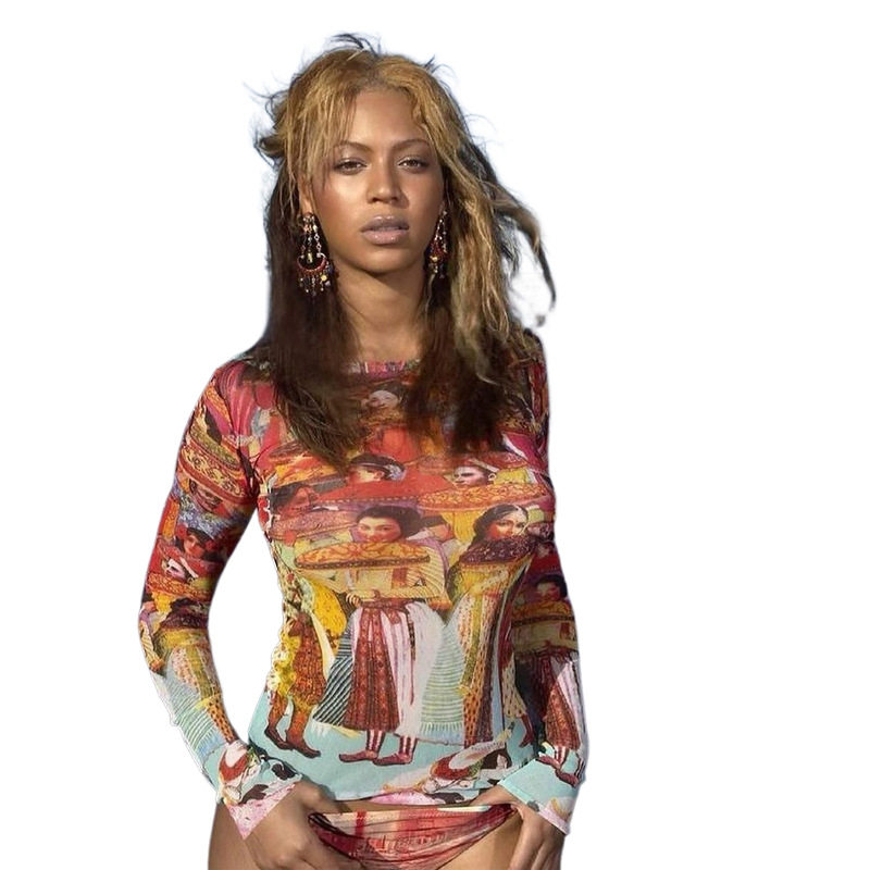 Fashionable Womens Long Sleeve T Shirt Black Mesh Floral Print Round Neck Spring Summer Style Wholesale Available